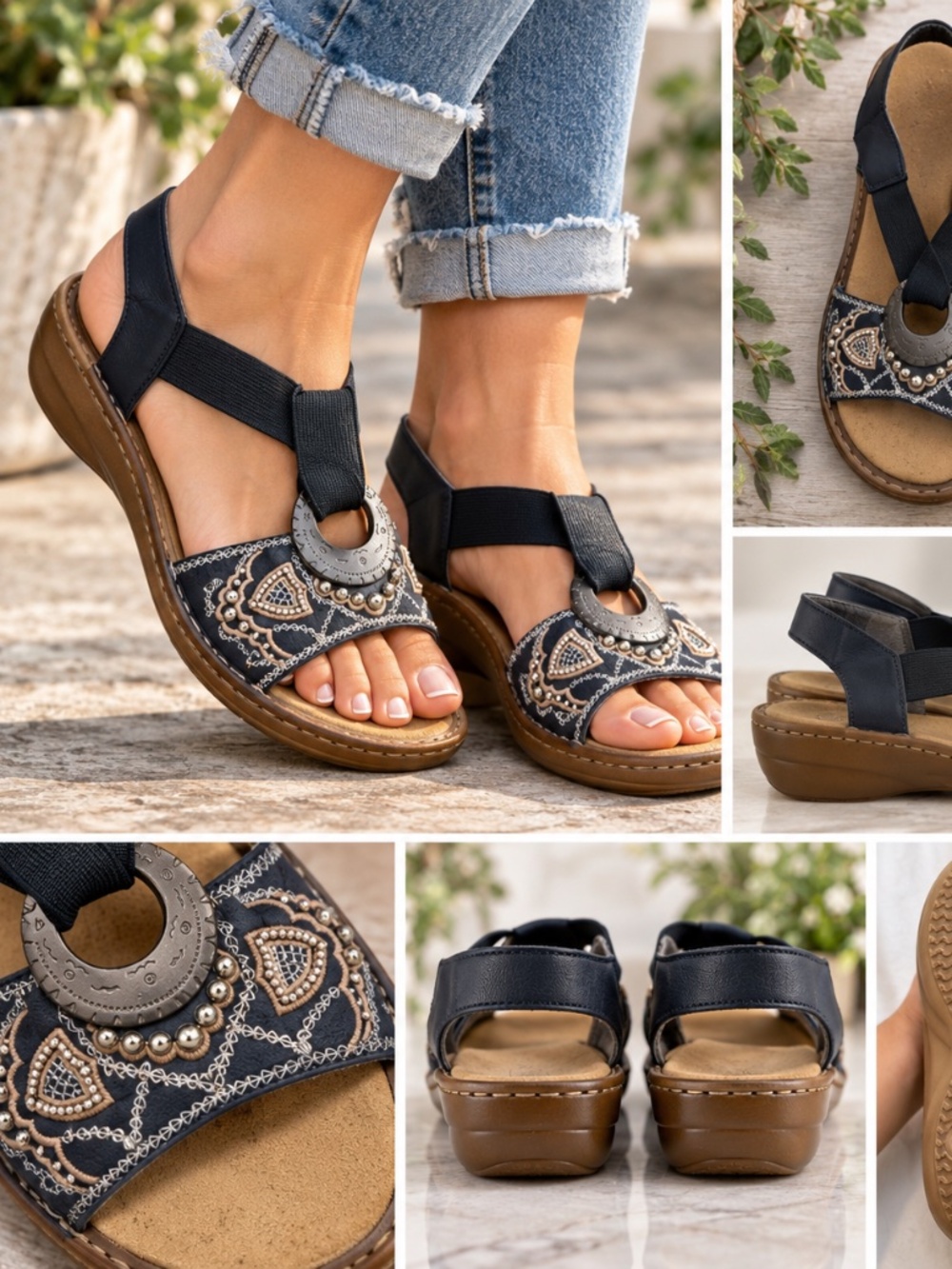 Reiker Sandals Women’s Size 37 (6.5) Blue Embroidered Leather Comfort